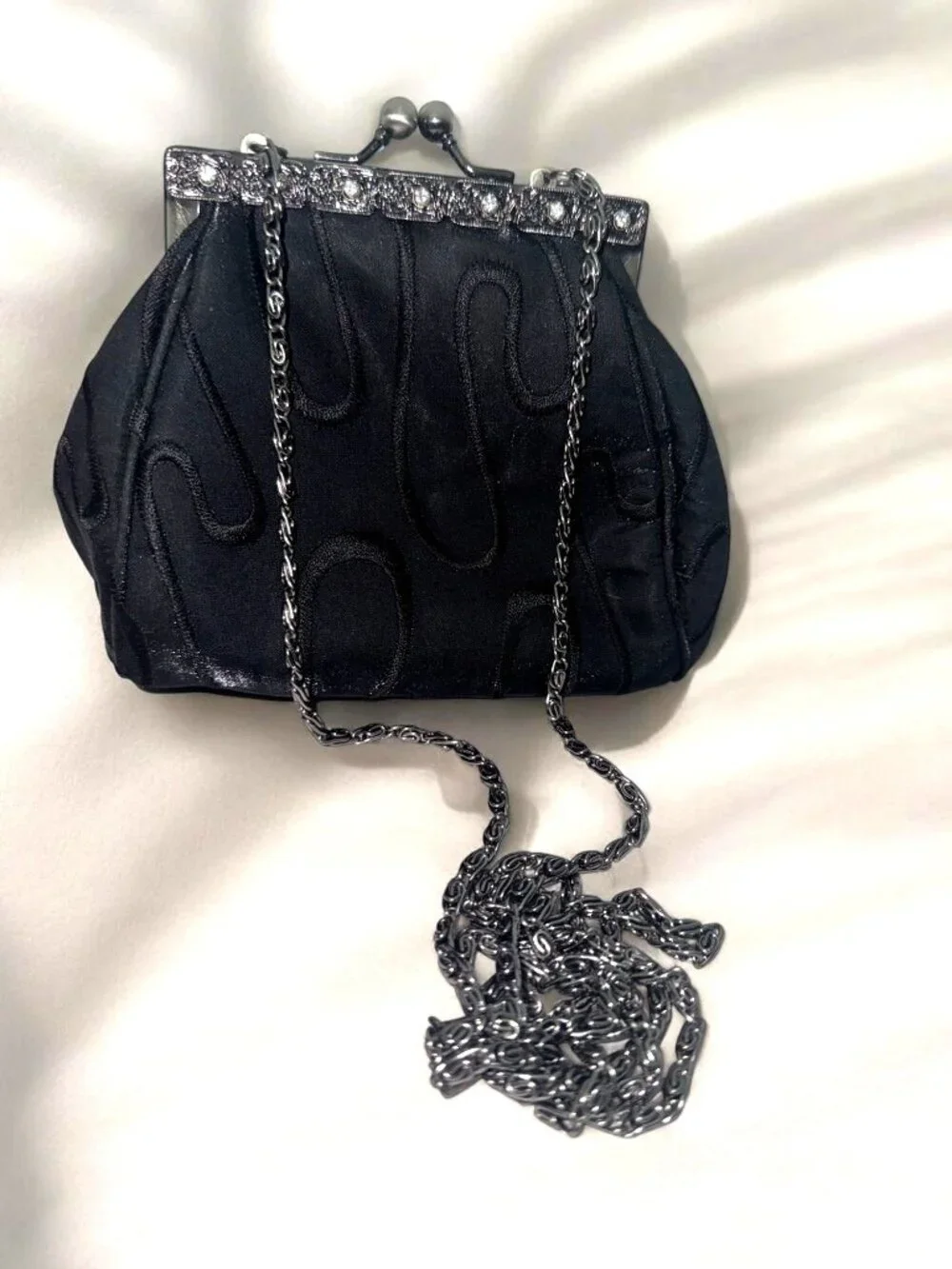 Vintage Black Satin Evening Bag With Rhinestone Clasp & Chain Strap